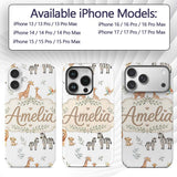 Cute Safari Animals Giraffe Lion Zebra Parrot Custom Name Protective Phone Case Mobile Cover Durable Everyday Smartphone Shock Resistant