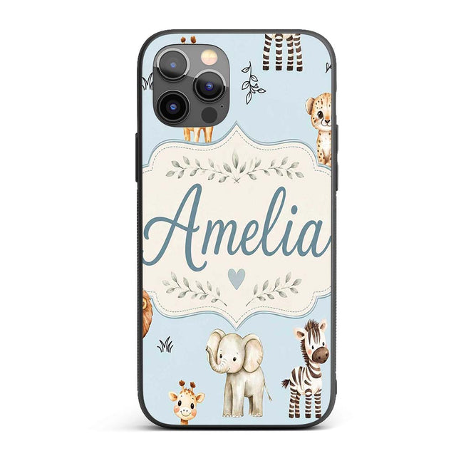 Cute Baby Safari Animals Elephant Giraffe Lion Custom Name Protective Phone Case Mobile Cover Durable Everyday Smartphone Shock Resistant