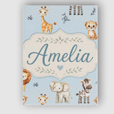 Personalised Name Cute Baby Safari Animals Custom  Unique Gift Idea Elegant Feature Canvas Wall Art Print Decor Picture Ready to Hang