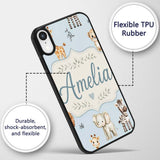 Cute Baby Safari Animals Elephant Giraffe Lion Custom Name Protective Phone Case Mobile Cover Durable Everyday Smartphone Shock Resistant