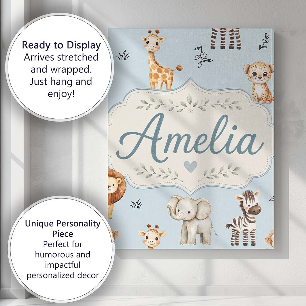 Personalised Name Cute Baby Safari Animals Custom  Unique Gift Idea Elegant Feature Canvas Wall Art Print Decor Picture Ready to Hang