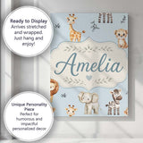 Personalised Name Cute Baby Safari Animals Custom  Unique Gift Idea Elegant Feature Canvas Wall Art Print Decor Picture Ready to Hang