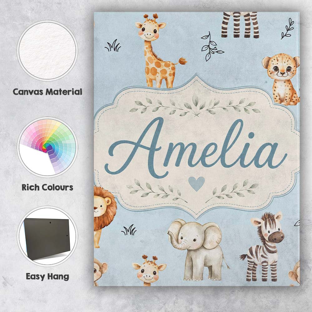 Personalised Name Cute Baby Safari Animals Custom  Unique Gift Idea Elegant Feature Canvas Wall Art Print Decor Picture Ready to Hang
