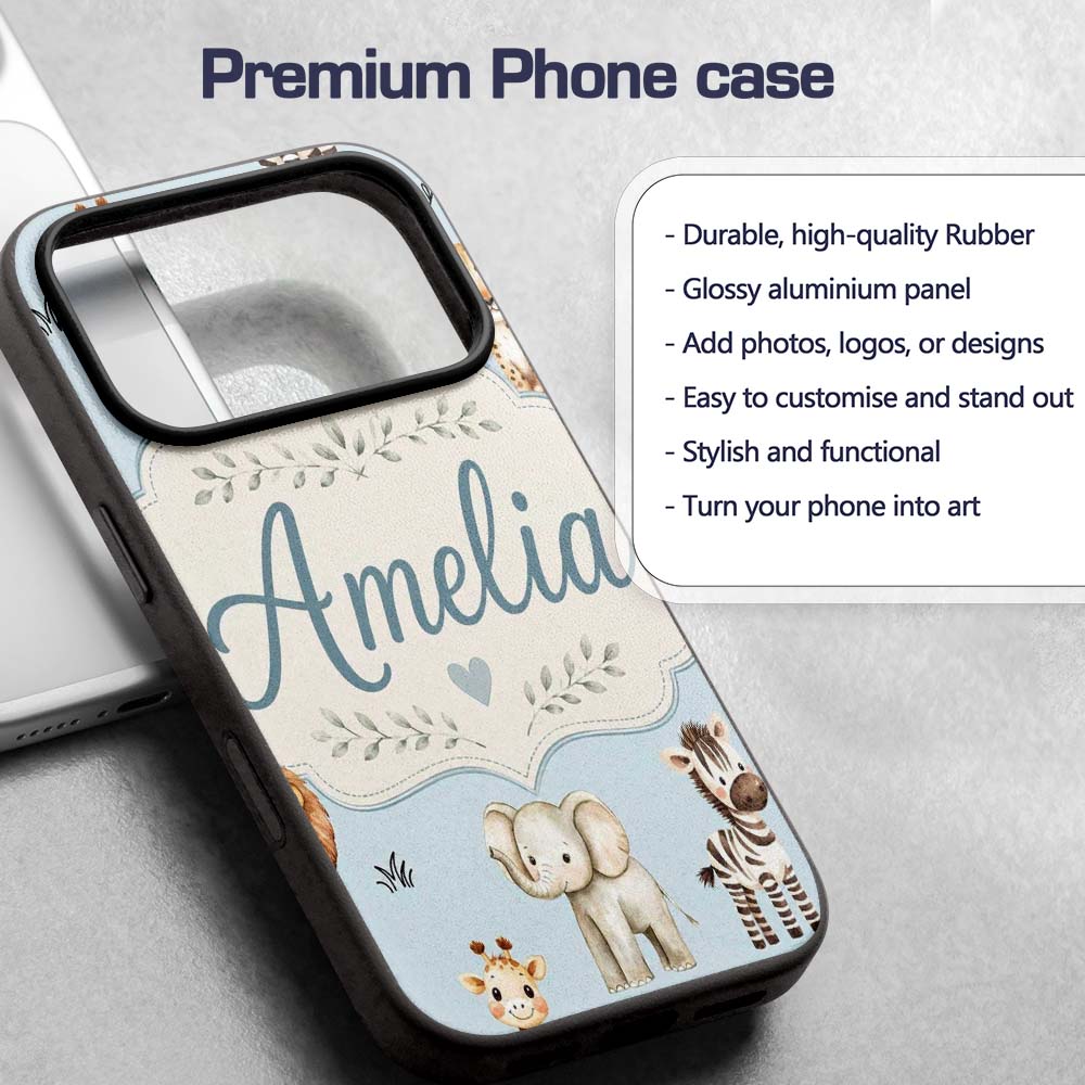 Cute Baby Safari Animals Elephant Giraffe Lion Custom Name Protective Phone Case Mobile Cover Durable Everyday Smartphone Shock Resistant
