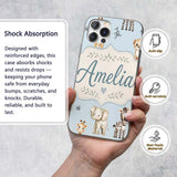Cute Baby Safari Animals Elephant Giraffe Lion Custom Name Protective Phone Case Mobile Cover Durable Everyday Smartphone Shock Resistant