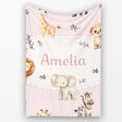 Cute Baby Safari Animals Giraffe Lion Elephant Leopard Blush Pink  Personalised Custom Name Super Soft Fleece Blanket Bed Sofa Throw