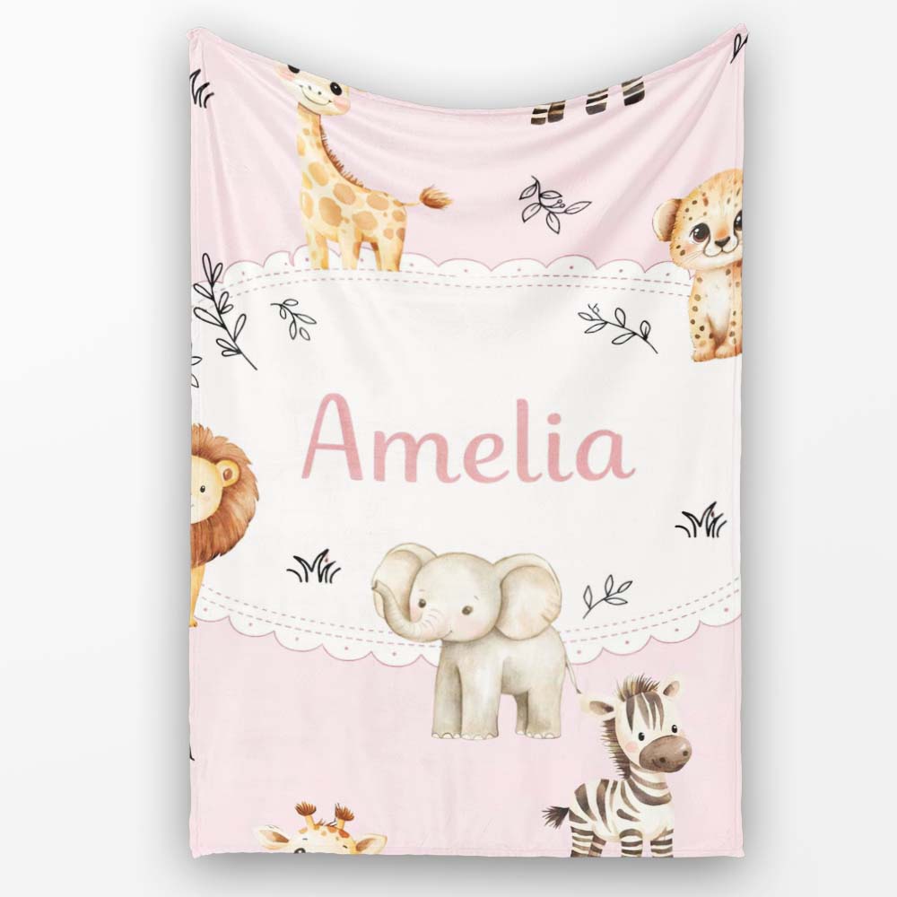 Cute Baby Safari Animals Giraffe Lion Elephant Leopard Blush Pink  Personalised Custom Name Super Soft Fleece Blanket Bed Sofa Throw