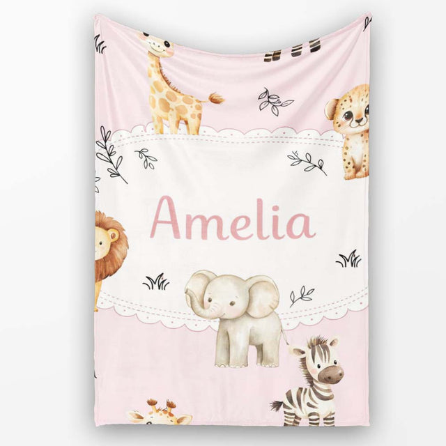 Cute Baby Safari Animals Giraffe Lion Elephant Leopard Blush Pink  Personalised Custom Name Super Soft Fleece Blanket Bed Sofa Throw