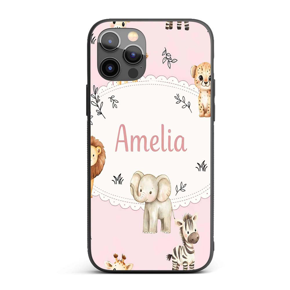Cute Baby Safari Animals Giraffe Lion Elephant Custom Name Protective Phone Case Mobile Cover Durable Everyday Smartphone Shock Resistant