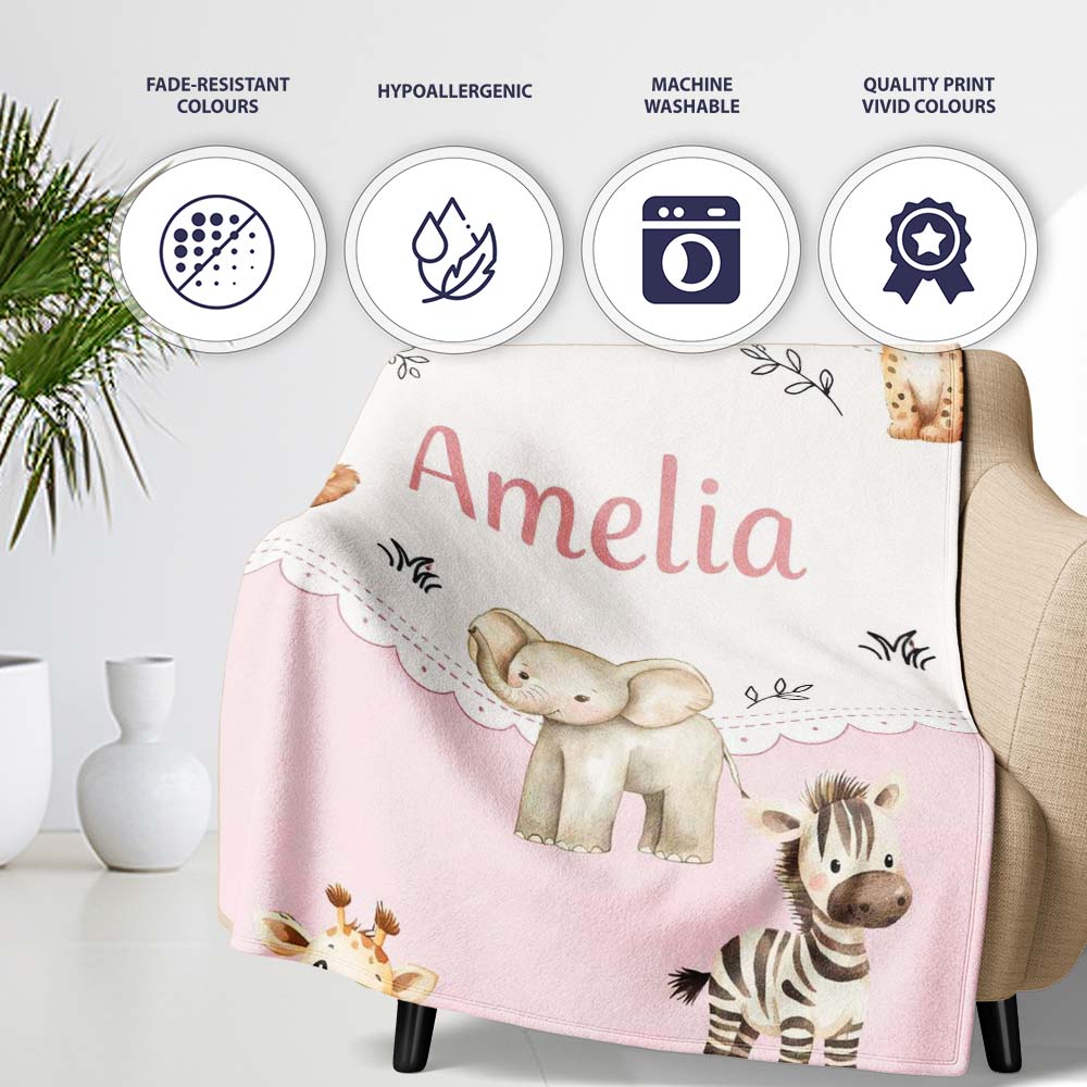 Cute Baby Safari Animals Giraffe Lion Elephant Leopard Blush Pink  Personalised Custom Name Super Soft Fleece Blanket Bed Sofa Throw