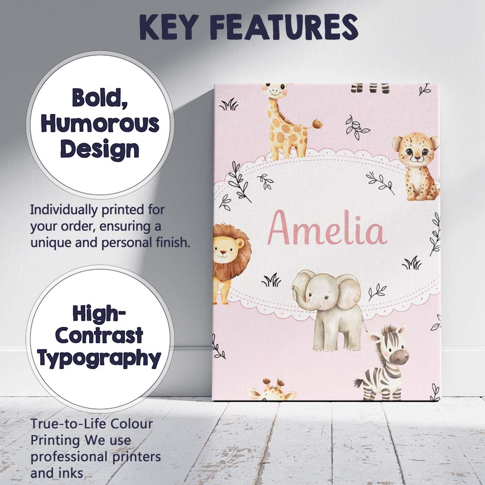 Personalised Name Cute Baby Safari Animals Custom  Unique Gift Idea Elegant Feature Canvas Wall Art Print Decor Picture Ready to Hang