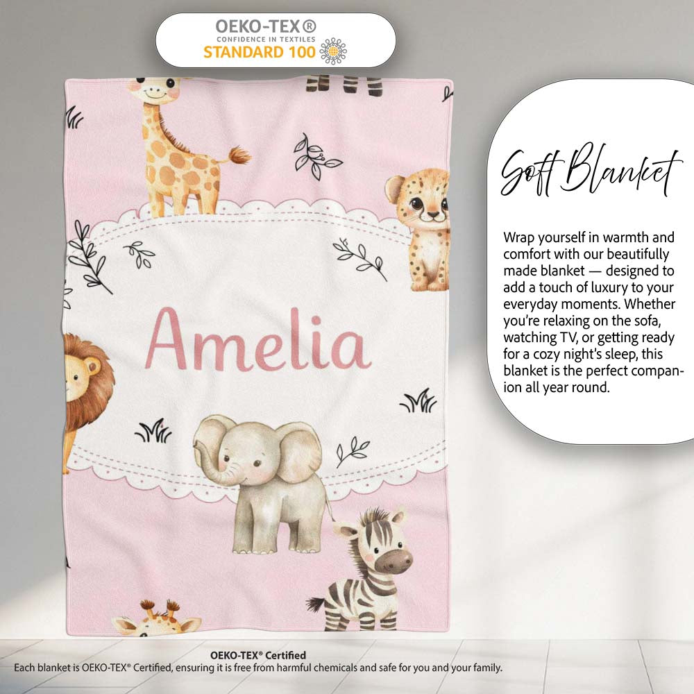 Cute Baby Safari Animals Giraffe Lion Elephant Leopard Blush Pink  Personalised Custom Name Super Soft Fleece Blanket Bed Sofa Throw