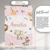 Cute Baby Safari Animals Giraffe Lion Elephant Leopard Blush Pink  Personalised Custom Name Super Soft Fleece Blanket Bed Sofa Throw