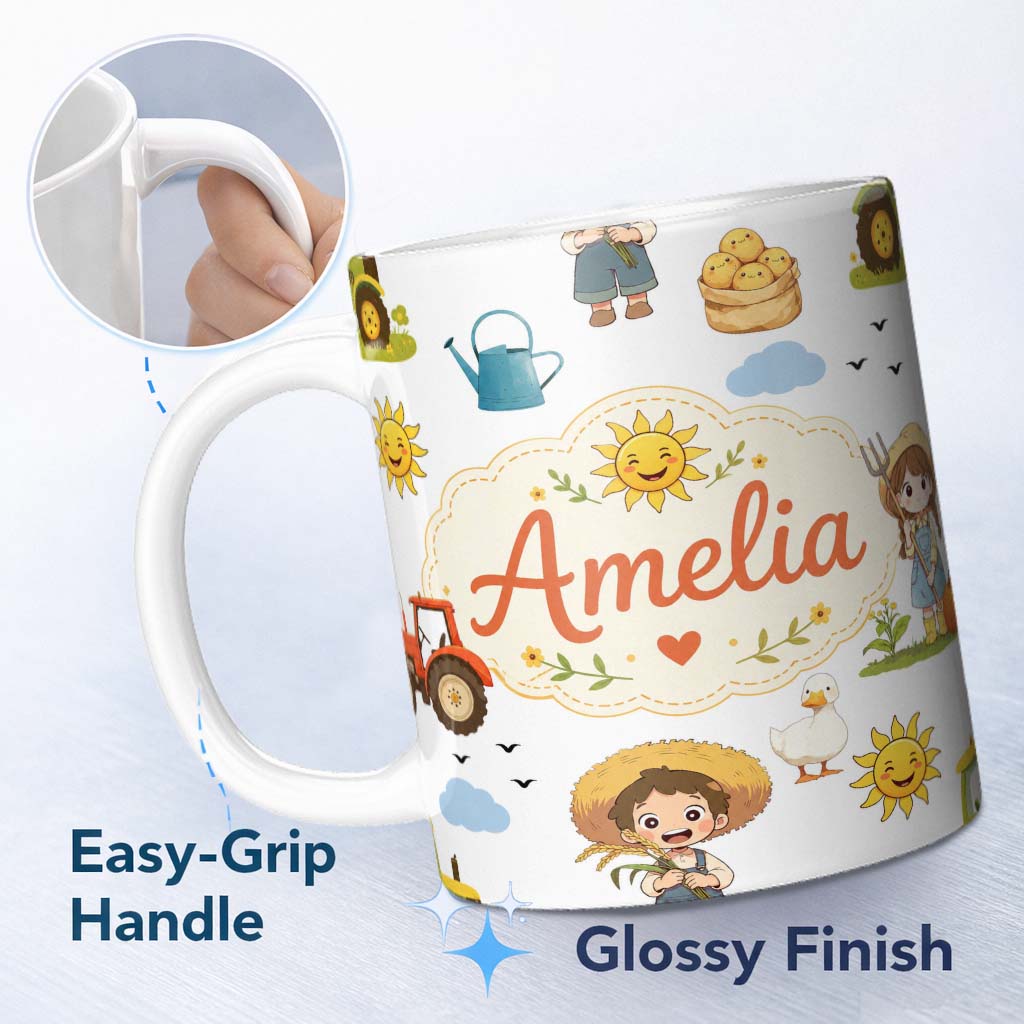 Personalized Custom Name Cute Farm Tractor Duck Girl with Clouds White Background Seamless 11oz Ceramic Coffee Tea Mug White Large Handle