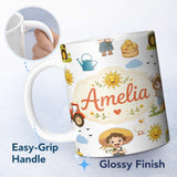 Personalized Custom Name Cute Farm Tractor Duck Girl with Clouds White Background Seamless 11oz Ceramic Coffee Tea Mug White Large Handle