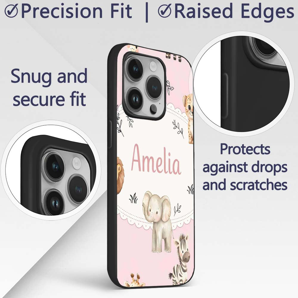 Cute Baby Safari Animals Giraffe Lion Elephant Custom Name Protective Phone Case Mobile Cover Durable Everyday Smartphone Shock Resistant