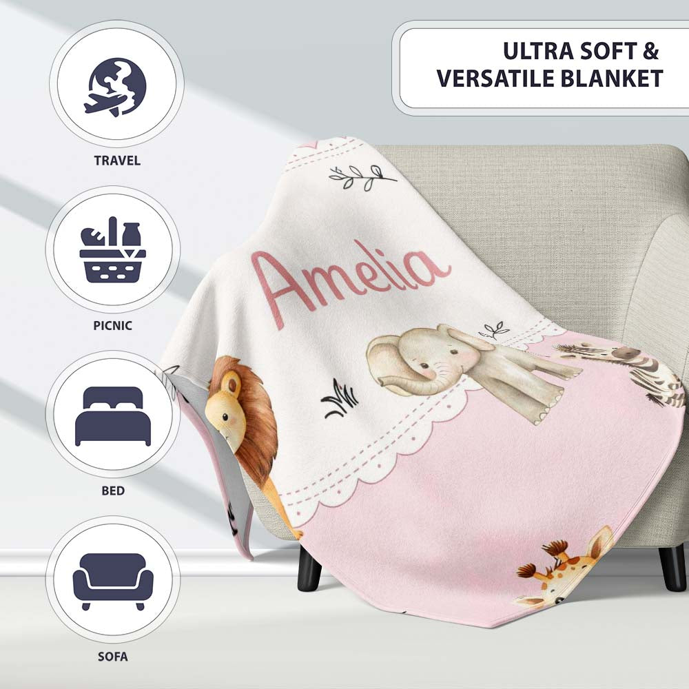 Cute Baby Safari Animals Giraffe Lion Elephant Leopard Blush Pink  Personalised Custom Name Super Soft Fleece Blanket Bed Sofa Throw