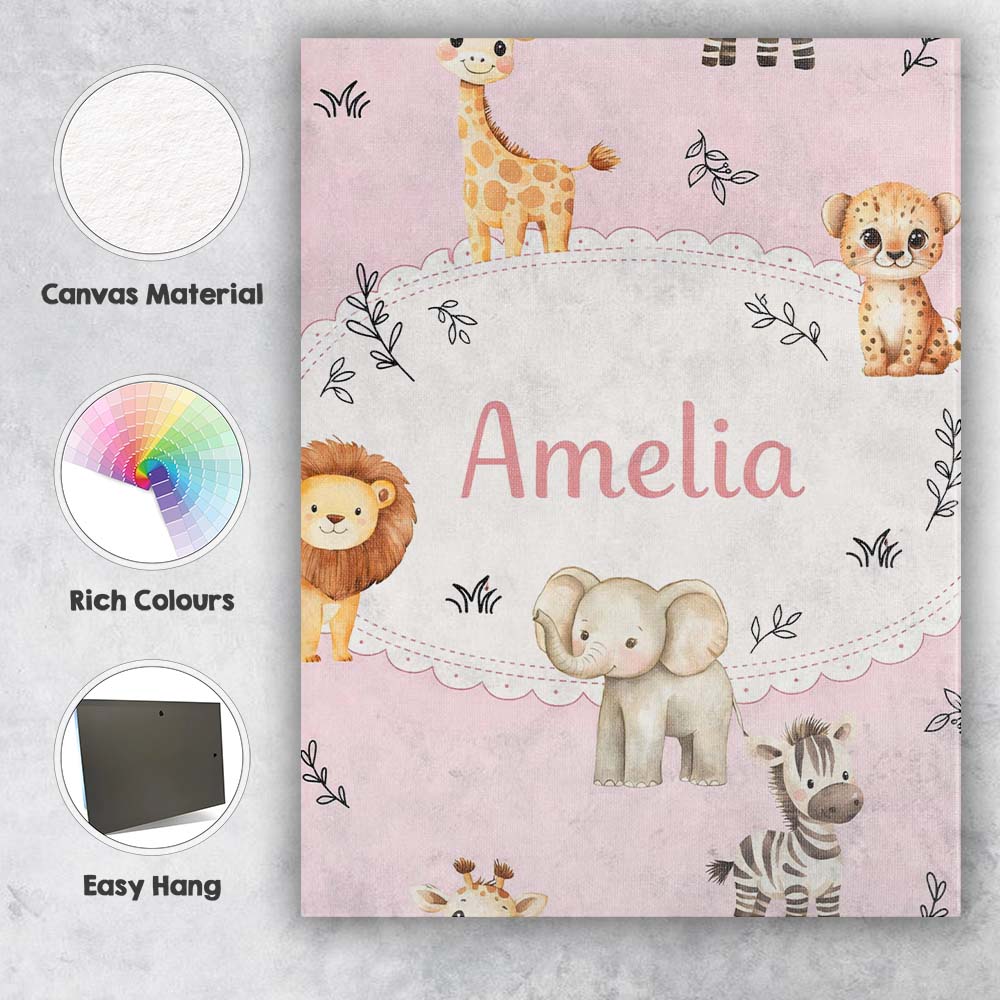 Personalised Name Cute Baby Safari Animals Custom  Unique Gift Idea Elegant Feature Canvas Wall Art Print Decor Picture Ready to Hang