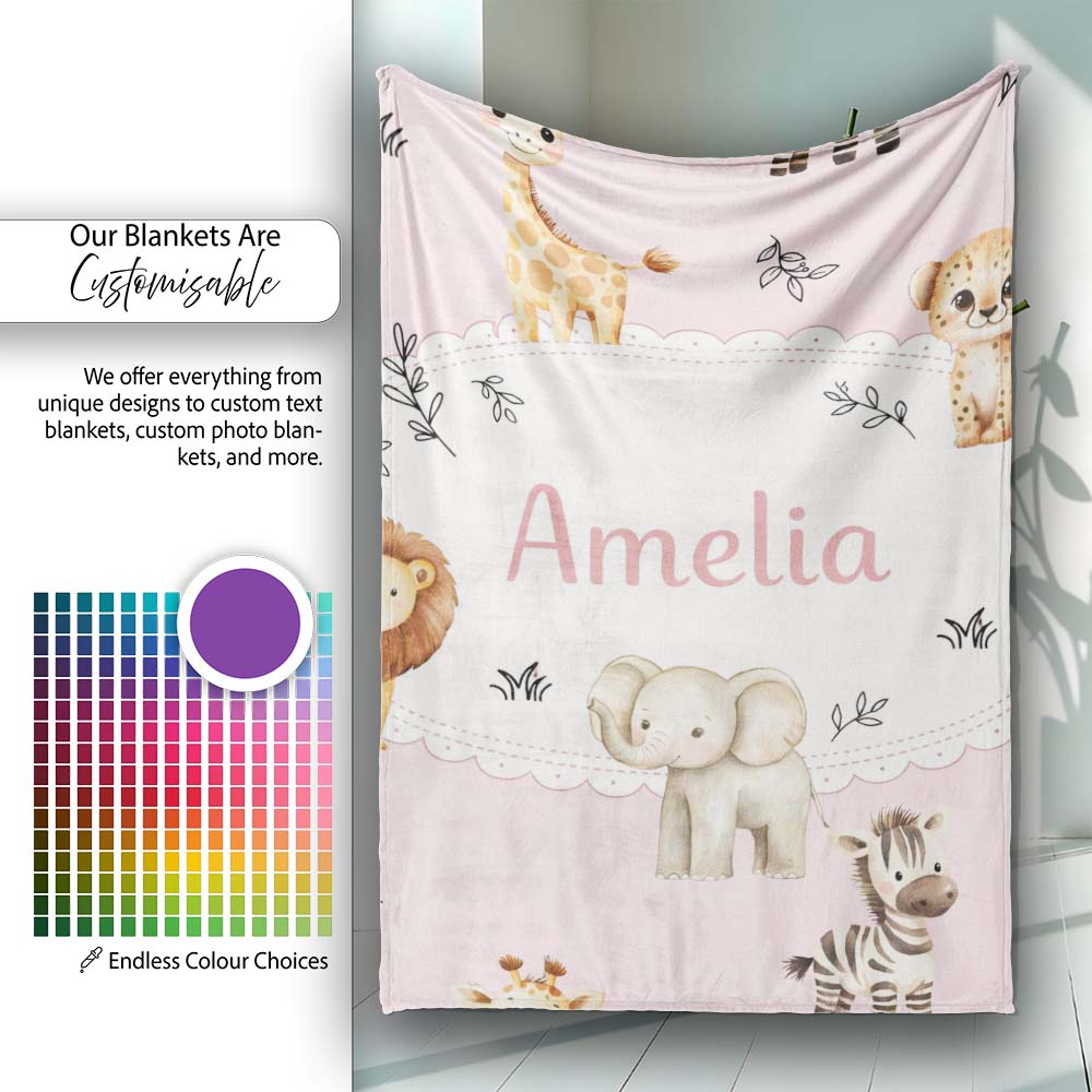 Cute Baby Safari Animals Giraffe Lion Elephant Leopard Blush Pink  Personalised Custom Name Super Soft Fleece Blanket Bed Sofa Throw