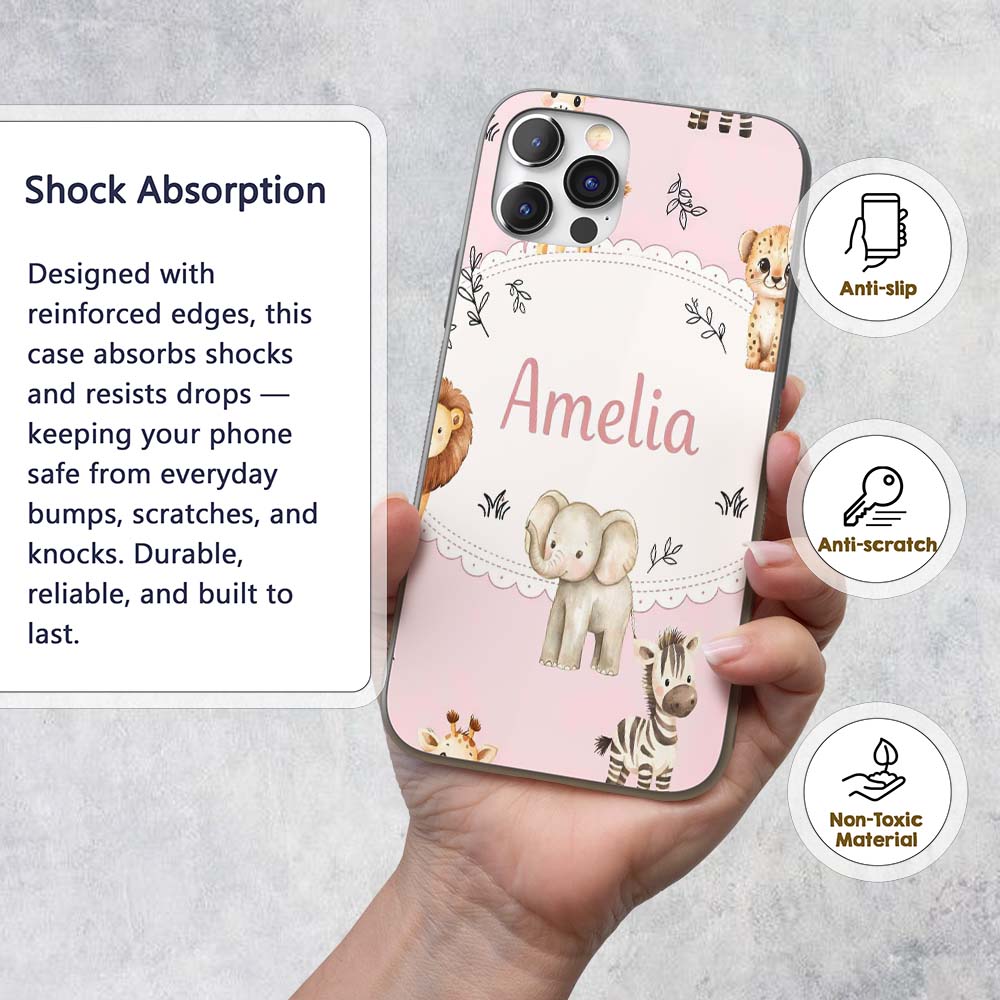 Cute Baby Safari Animals Giraffe Lion Elephant Custom Name Protective Phone Case Mobile Cover Durable Everyday Smartphone Shock Resistant