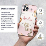Cute Baby Safari Animals Giraffe Lion Elephant Custom Name Protective Phone Case Mobile Cover Durable Everyday Smartphone Shock Resistant