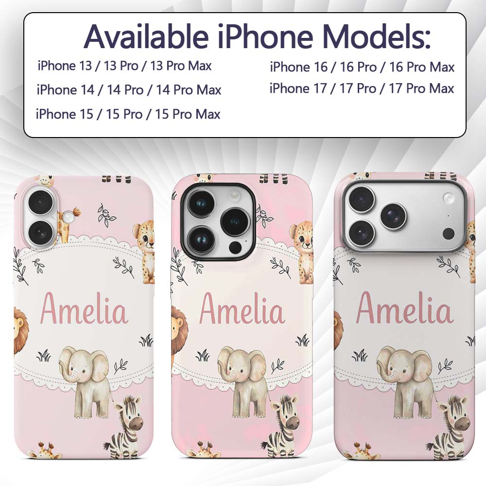 Cute Baby Safari Animals Giraffe Lion Elephant Custom Name Protective Phone Case Mobile Cover Durable Everyday Smartphone Shock Resistant
