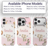 Cute Baby Safari Animals Giraffe Lion Elephant Custom Name Protective Phone Case Mobile Cover Durable Everyday Smartphone Shock Resistant