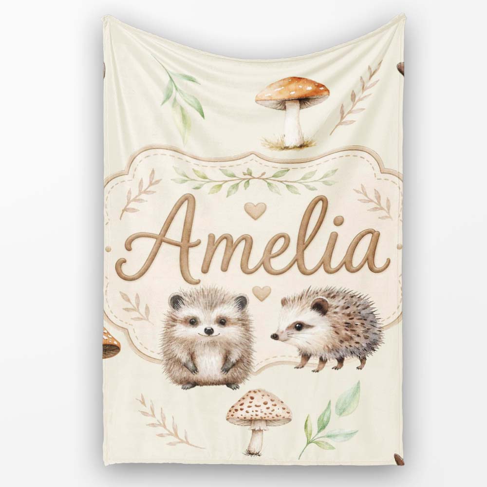 Cute Woodland Hedgehog Mushrooms Leaves Seamless Pattern Light Beige  Personalised Custom Name Super Soft Fleece Blanket Bed Sofa Throw