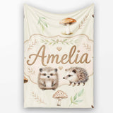 Cute Woodland Hedgehog Mushrooms Leaves Seamless Pattern Light Beige  Personalised Custom Name Super Soft Fleece Blanket Bed Sofa Throw
