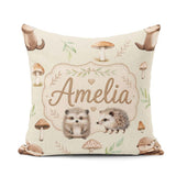 Custom Name Cute Woodland Hedgehog Leaves Seamless Pattern Light Square Filled Cushion Throw Pillow Sofa Bed Home Decor Zip Washable UK Made