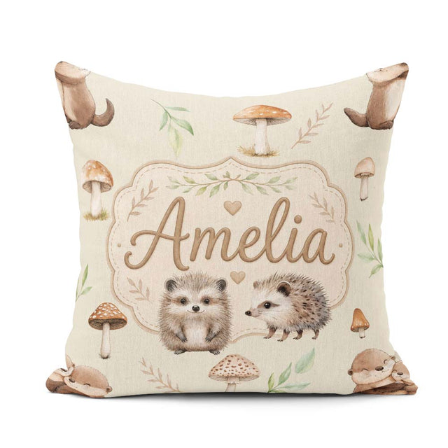 Custom Name Cute Woodland Hedgehog Leaves Seamless Pattern Light Square Filled Cushion Throw Pillow Sofa Bed Home Decor Zip Washable UK Made