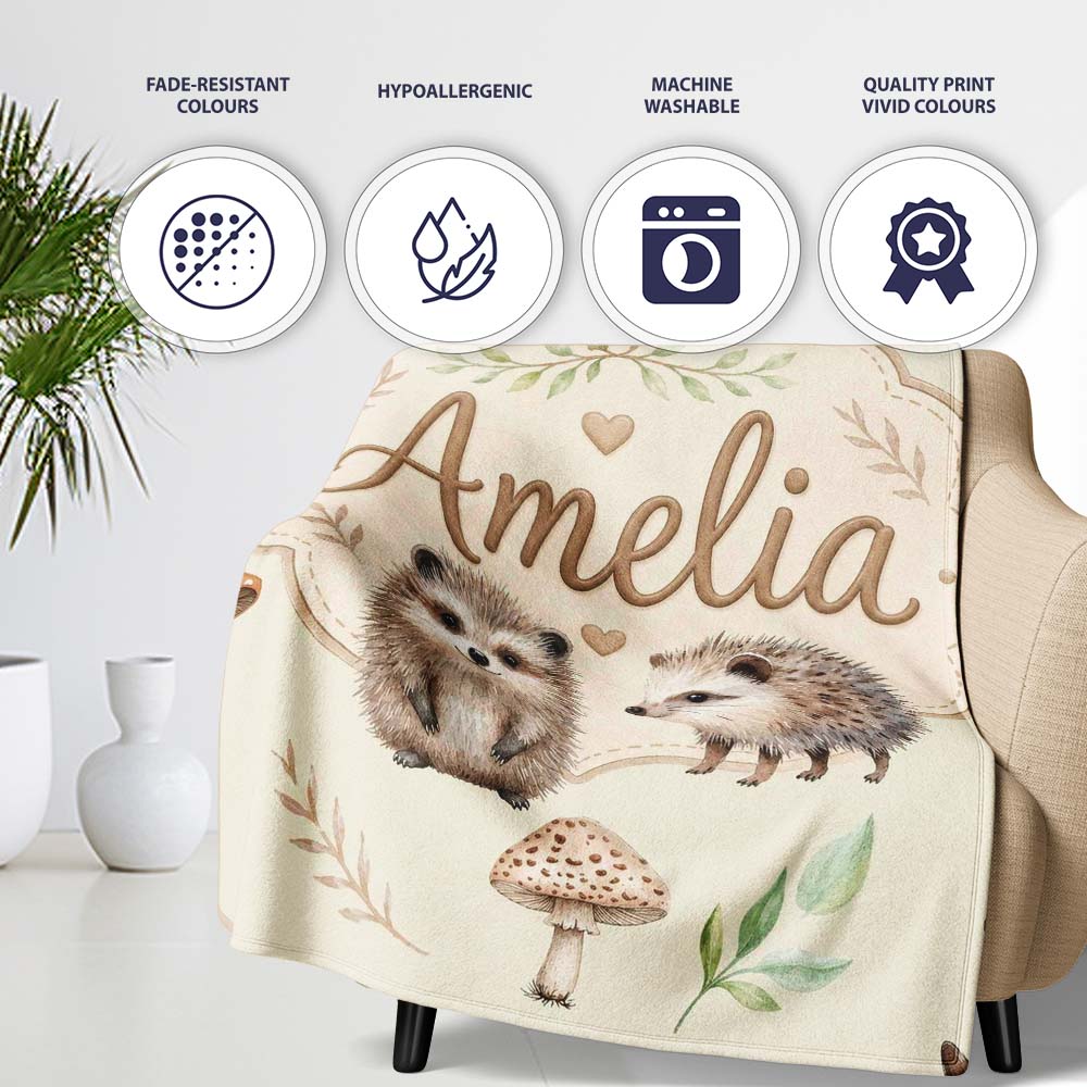 Cute Woodland Hedgehog Mushrooms Leaves Seamless Pattern Light Beige  Personalised Custom Name Super Soft Fleece Blanket Bed Sofa Throw