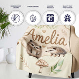 Cute Woodland Hedgehog Mushrooms Leaves Seamless Pattern Light Beige  Personalised Custom Name Super Soft Fleece Blanket Bed Sofa Throw