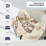 Cute Woodland Hedgehog Mushrooms Leaves Seamless Pattern Light Beige  Personalised Custom Name Super Soft Fleece Blanket Bed Sofa Throw