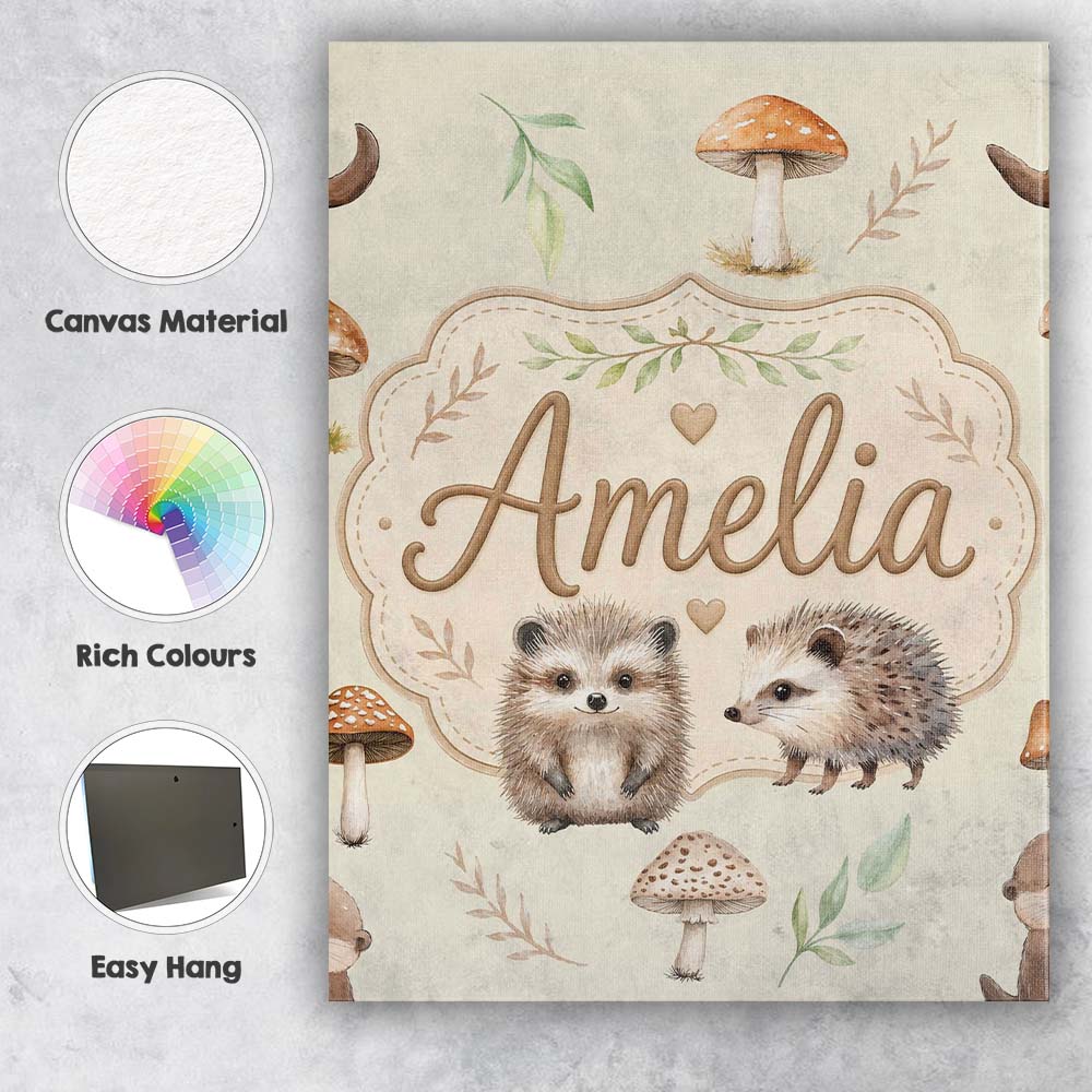 Personalised Name Cute Woodland Hedgehog Custom  Unique Gift Idea Elegant Feature Canvas Wall Art Print Decor Picture Ready to Hang