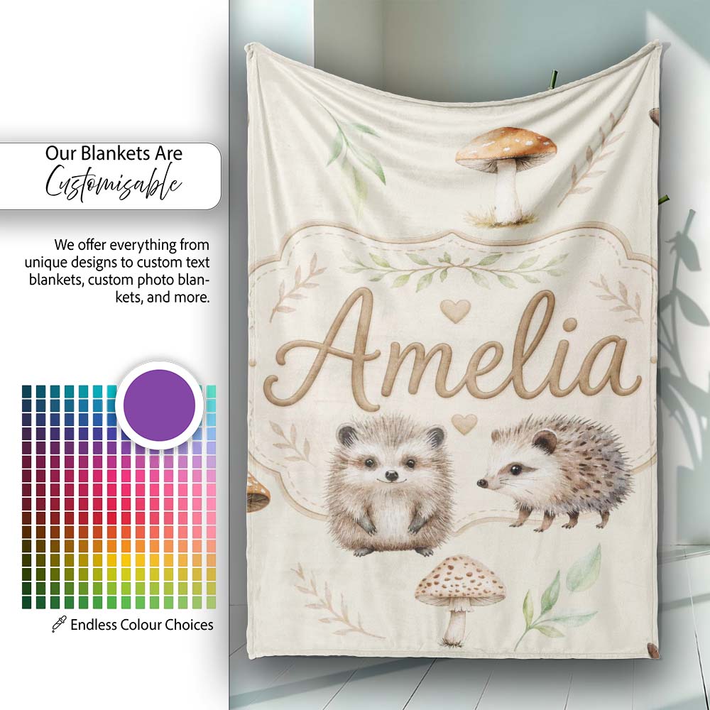 Cute Woodland Hedgehog Mushrooms Leaves Seamless Pattern Light Beige  Personalised Custom Name Super Soft Fleece Blanket Bed Sofa Throw