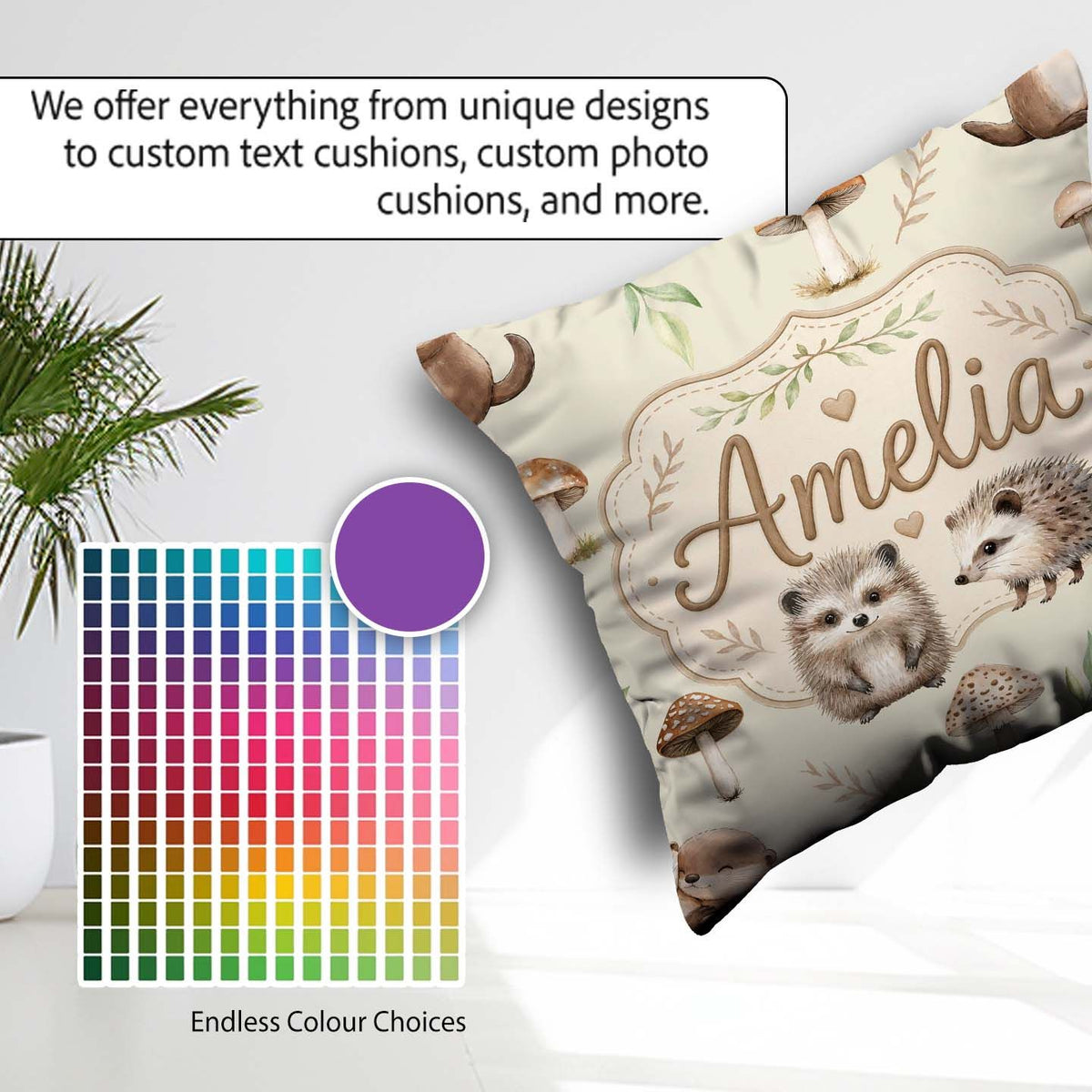 Custom Name Cute Woodland Hedgehog Leaves Seamless Pattern Light Square Filled Cushion Throw Pillow Sofa Bed Home Decor Zip Washable UK Made