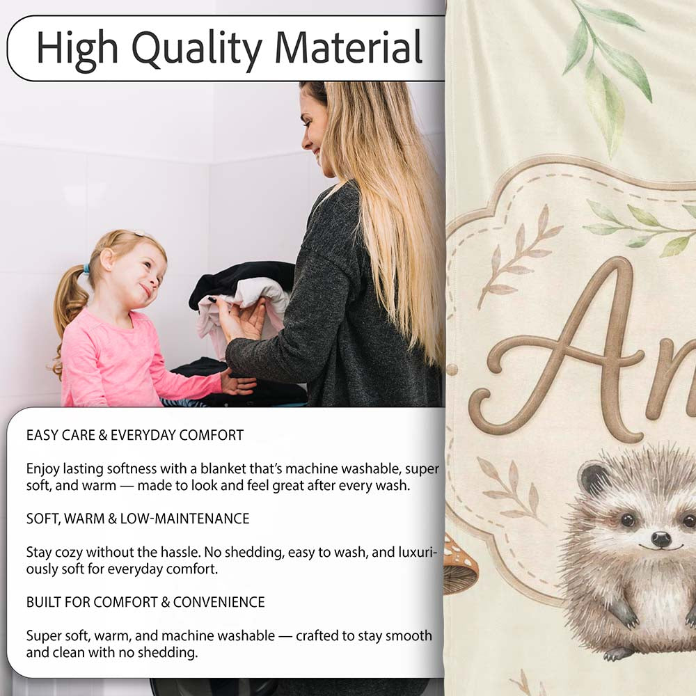 Cute Woodland Hedgehog Mushrooms Leaves Seamless Pattern Light Beige  Personalised Custom Name Super Soft Fleece Blanket Bed Sofa Throw