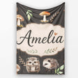 Cute Woodland Hedgehog Mushrooms Leaves Seamless Pattern Dark Brown  Personalised Custom Name Super Soft Fleece Blanket Bed Sofa Throw