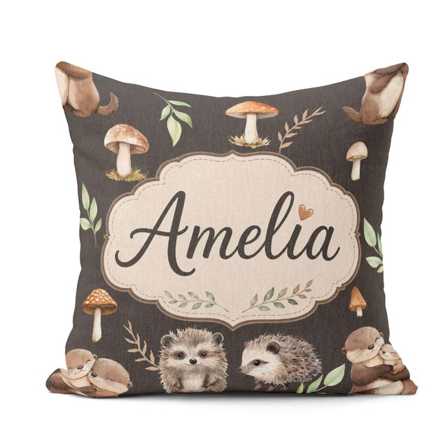 Custom Name Woodland Hedgehog Leaves Seamless Pattern Dark Brown Square Filled Cushion Throw Pillow Sofa Bed Home Decor Zip Washable UK Made