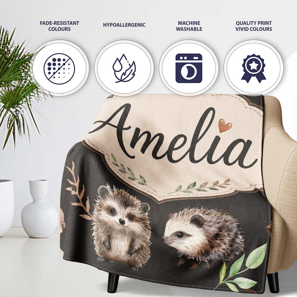 Cute Woodland Hedgehog Mushrooms Leaves Seamless Pattern Dark Brown  Personalised Custom Name Super Soft Fleece Blanket Bed Sofa Throw