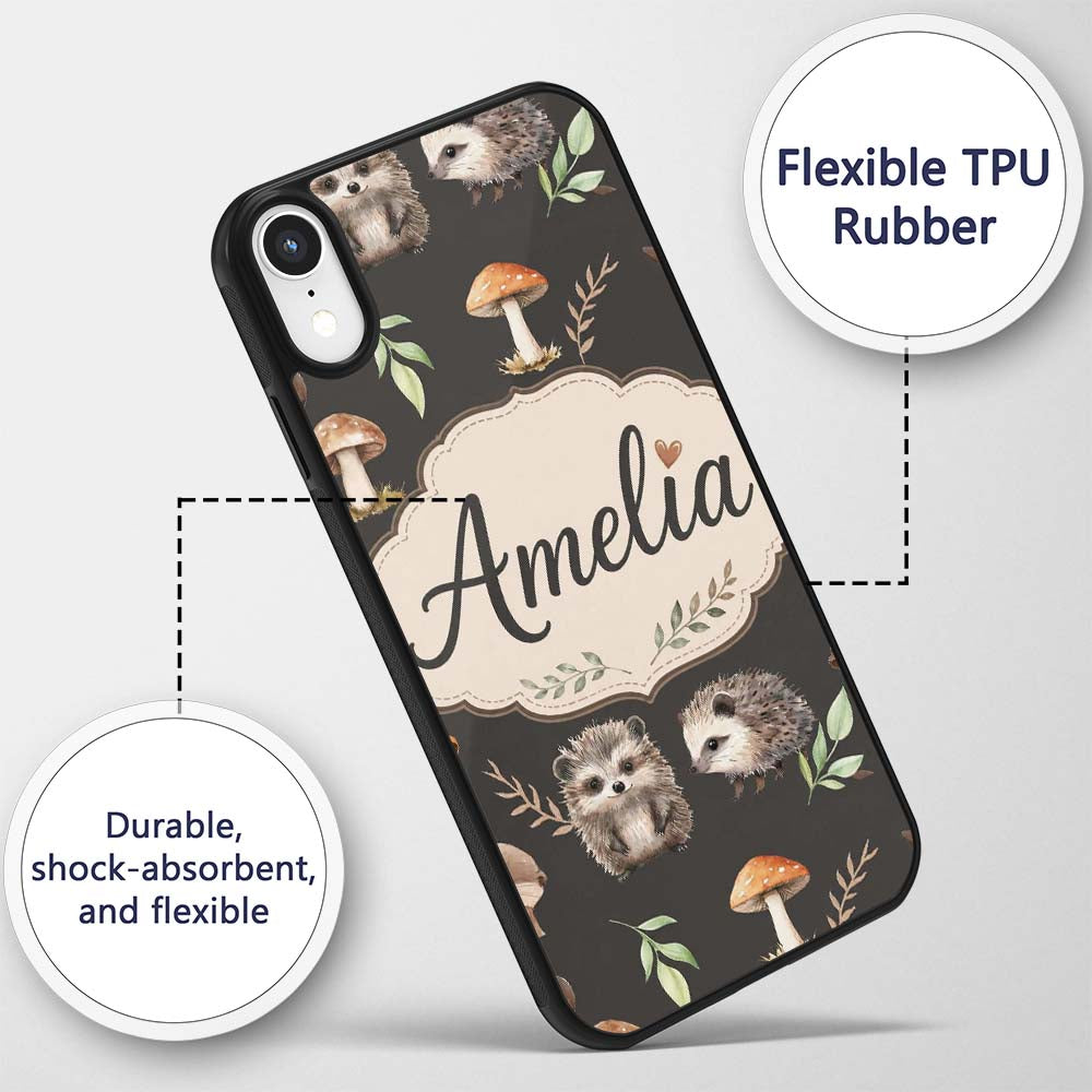 Cute Woodland Hedgehog Mushrooms Leaves Seamless Custom Name Protective Phone Case Mobile Cover Durable Everyday Smartphone Shock Resistant