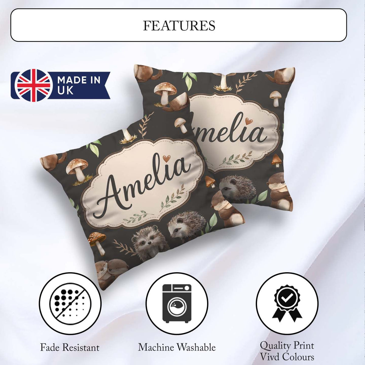 Custom Name Woodland Hedgehog Leaves Seamless Pattern Dark Brown Square Filled Cushion Throw Pillow Sofa Bed Home Decor Zip Washable UK Made