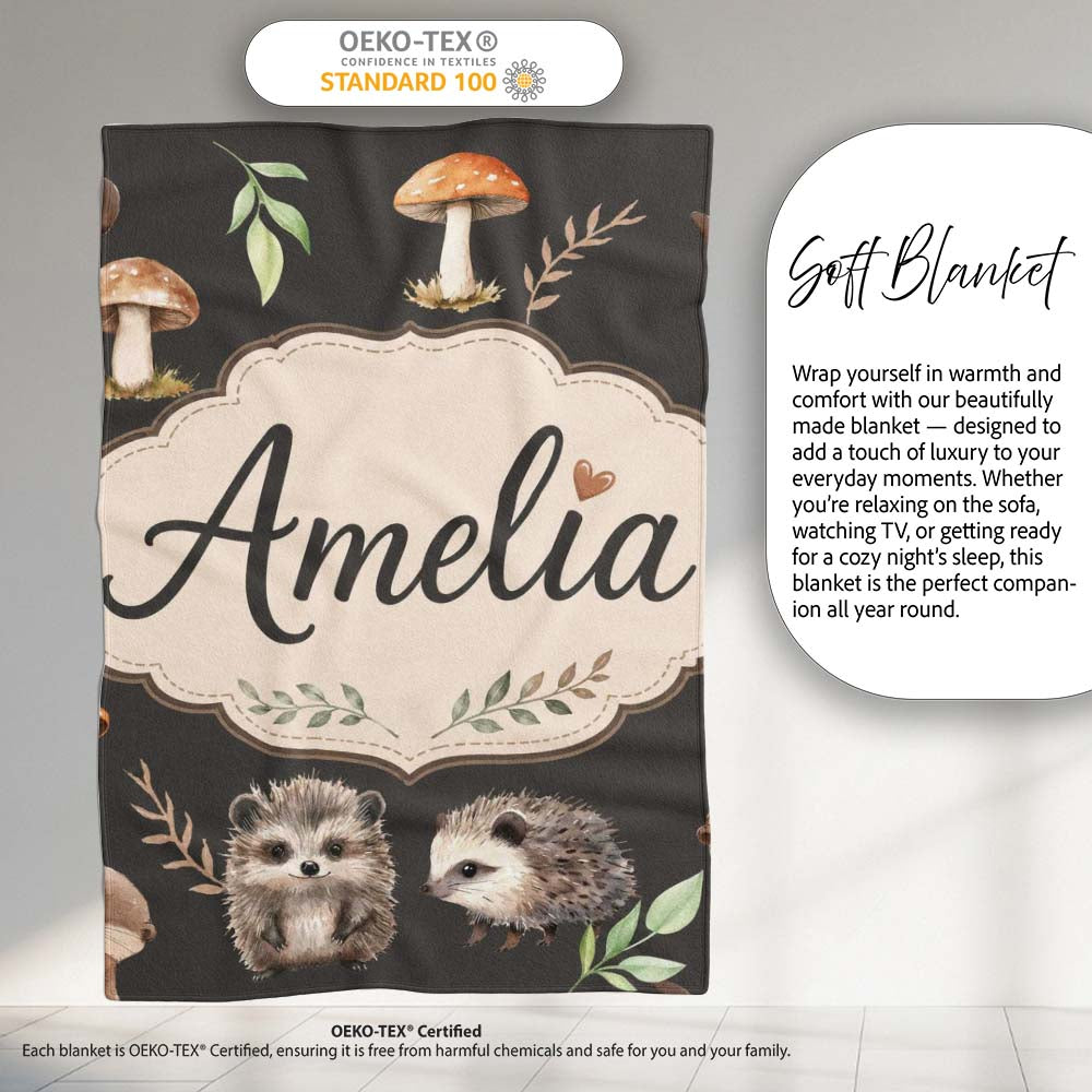 Cute Woodland Hedgehog Mushrooms Leaves Seamless Pattern Dark Brown  Personalised Custom Name Super Soft Fleece Blanket Bed Sofa Throw