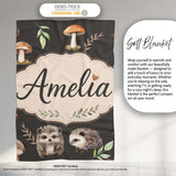 Cute Woodland Hedgehog Mushrooms Leaves Seamless Pattern Dark Brown  Personalised Custom Name Super Soft Fleece Blanket Bed Sofa Throw