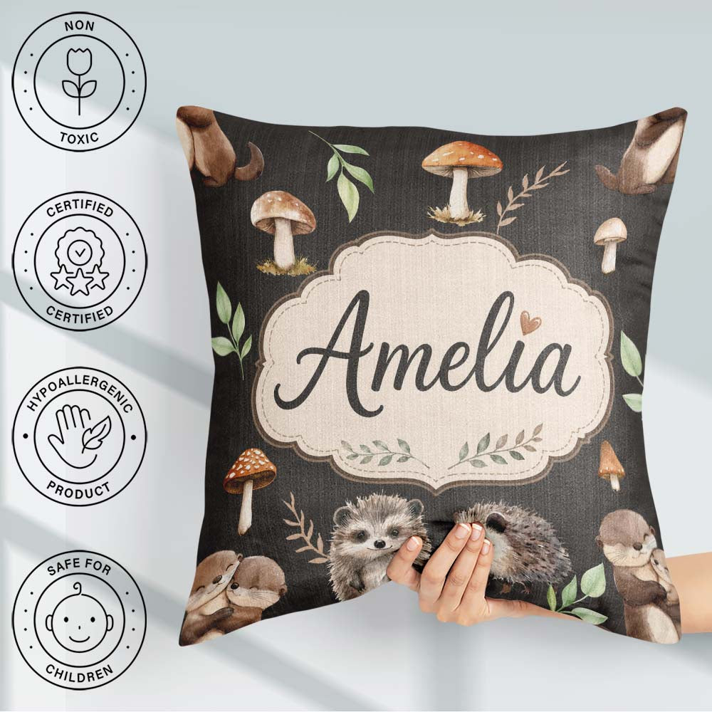Custom Name Woodland Hedgehog Leaves Seamless Pattern Dark Brown Square Filled Cushion Throw Pillow Sofa Bed Home Decor Zip Washable UK Made