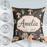 Custom Name Woodland Hedgehog Leaves Seamless Pattern Dark Brown Square Filled Cushion Throw Pillow Sofa Bed Home Decor Zip Washable UK Made