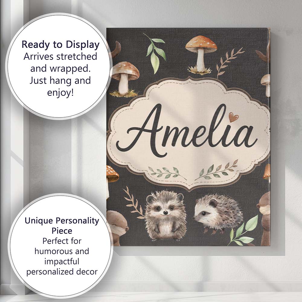 Personalised Name Cute Woodland Hedgehog Custom  Unique Gift Idea Elegant Feature Canvas Wall Art Print Decor Picture Ready to Hang