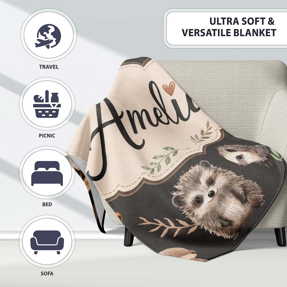 Cute Woodland Hedgehog Mushrooms Leaves Seamless Pattern Dark Brown  Personalised Custom Name Super Soft Fleece Blanket Bed Sofa Throw