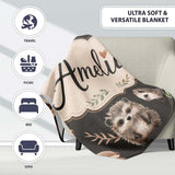 Cute Woodland Hedgehog Mushrooms Leaves Seamless Pattern Dark Brown  Personalised Custom Name Super Soft Fleece Blanket Bed Sofa Throw